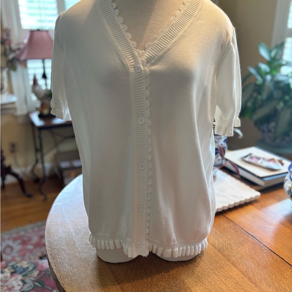 White Short Sleeve Ruffled Cardigan